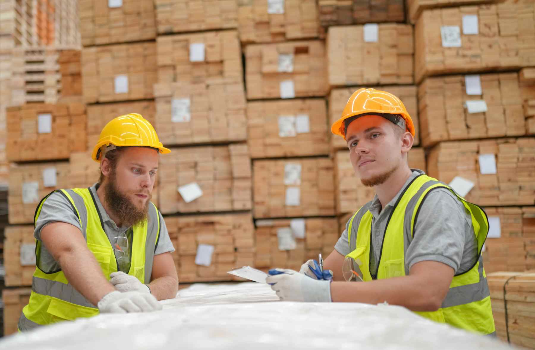 two warehouse workers next to palettes
